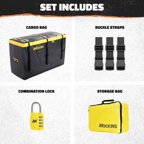 Mockins 30 CuFt Trailer Hitch Cargo Carrier Bag | 60"x24"x36" Weatherproof Cargo Bag for Hitch Carrier | Waterproof Truck Bed Storage | Vinyl Vehicle Soft Shell Carriers Set for Road Trips & Camping