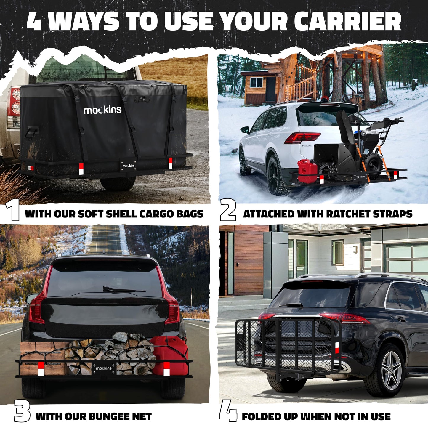 Mockins 60" x 24" x 6" XL Folding Cargo Carrier Hitch Mount 500lb Capacity Hitch Rack & 25 Cu Ft Soft Shell Waterproof Cargo Bag | Trailer Hitch Cargo Carrier | Hitch Mount Cargo Carrier Cargo Trailer