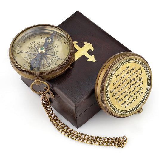 God is My Guide Brass Compass Gift with Display Box - Engraved Scripture Prayer Compass Religious Gift for Men & Women - Baptism, Confirmation, Communion Compass for Boys Graduation Gift (Aged Brass)
