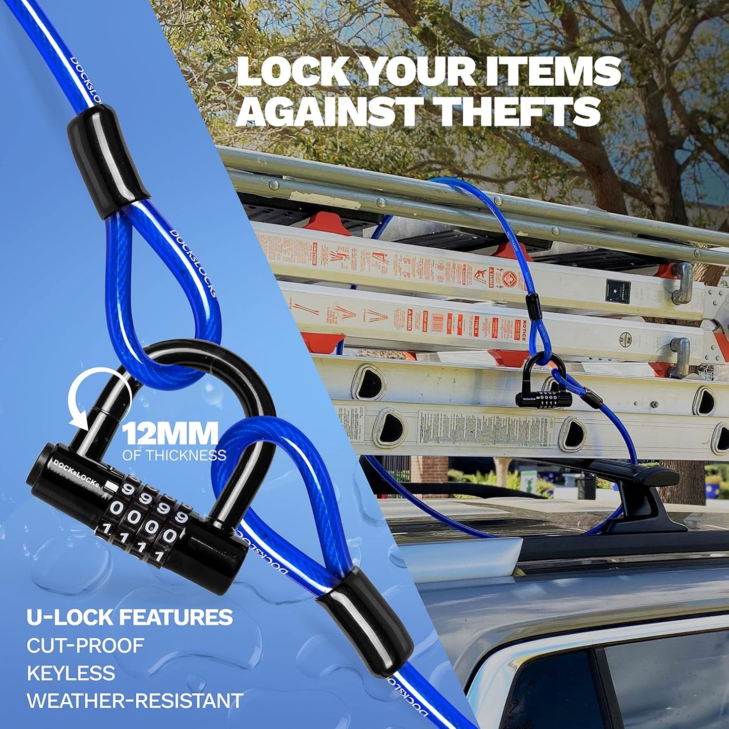 DocksLocks Security Cable Lock Set - Keyless Anti-Theft U-Lock for Bikes & Equipment | Weatherproof, 5ft to 25ft Length