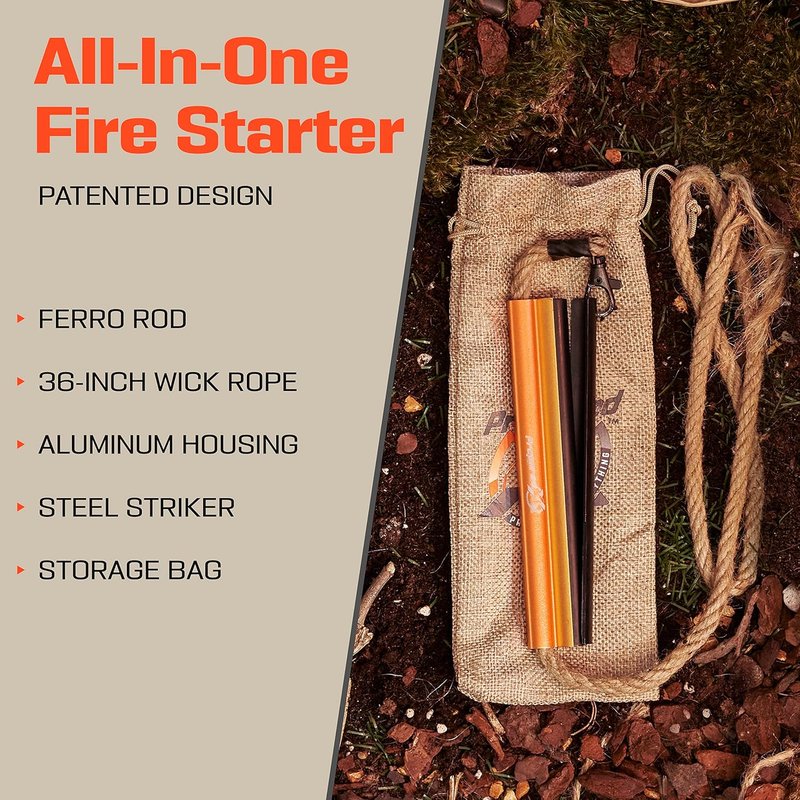 Flint Fire Starter Survival Tool - All-in-One Kit with Ferro Rod, Waterproof Tinder Wick Rope & Steel Striker - 36" Length
