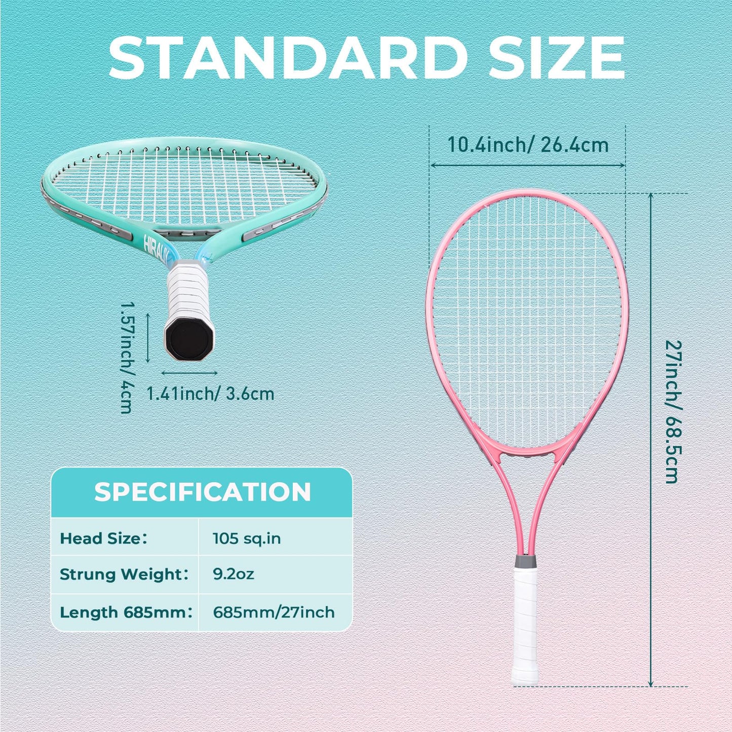 HIRALIY 27" Tennis Rackets Set for Adults, 2 Player Pre-Strung Tennis Racquets, 2 Overgrip Tapes,3 Balls, and 1 Carrying Bag, Outdoor Recreational Sport for Beginner (Pink/Green)
