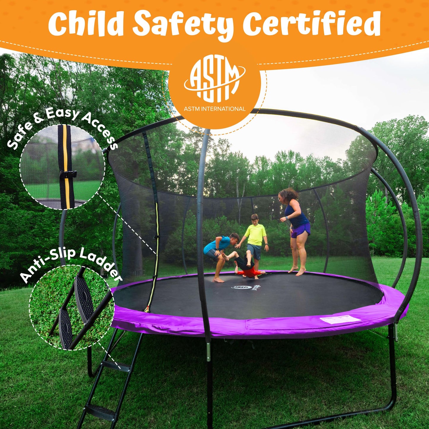 JUMPZYLLA Trampoline Outdoor 8FT 10FT 12FT 14FT 15FT 16FT with Enclosure and Ladder, ASTM Approved Recreational Trampoline for Kids and Adults, Anti-Rust Coated Frame (Purple, 16FT)