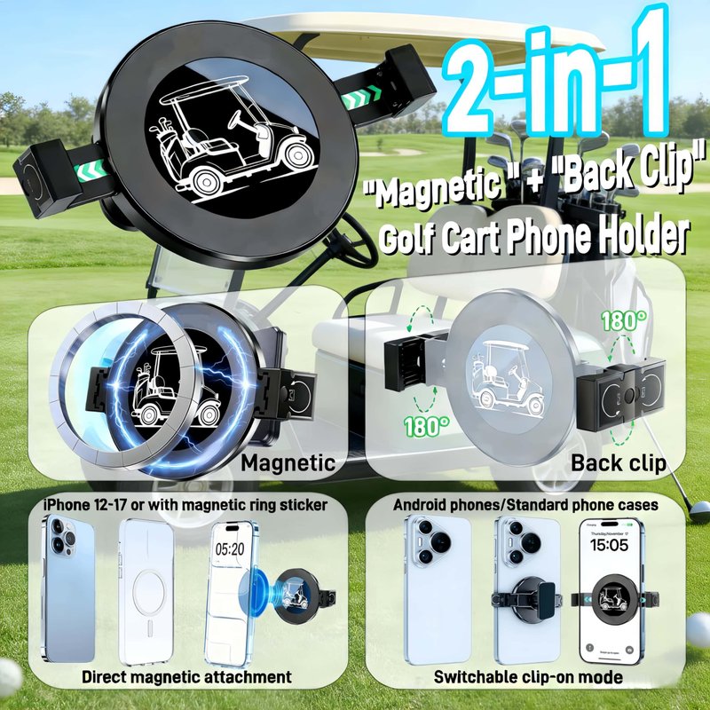 WUKO HUNT 2-in-1 Golf Cart Phone Holder, Magnetic + Back Clip Dual Protection, Fits EZGO, Club Car, Yamaha, Built-in Powerful Magnet, Compatible with iPhone & Android, 360° Rotation, Aluminum Mount