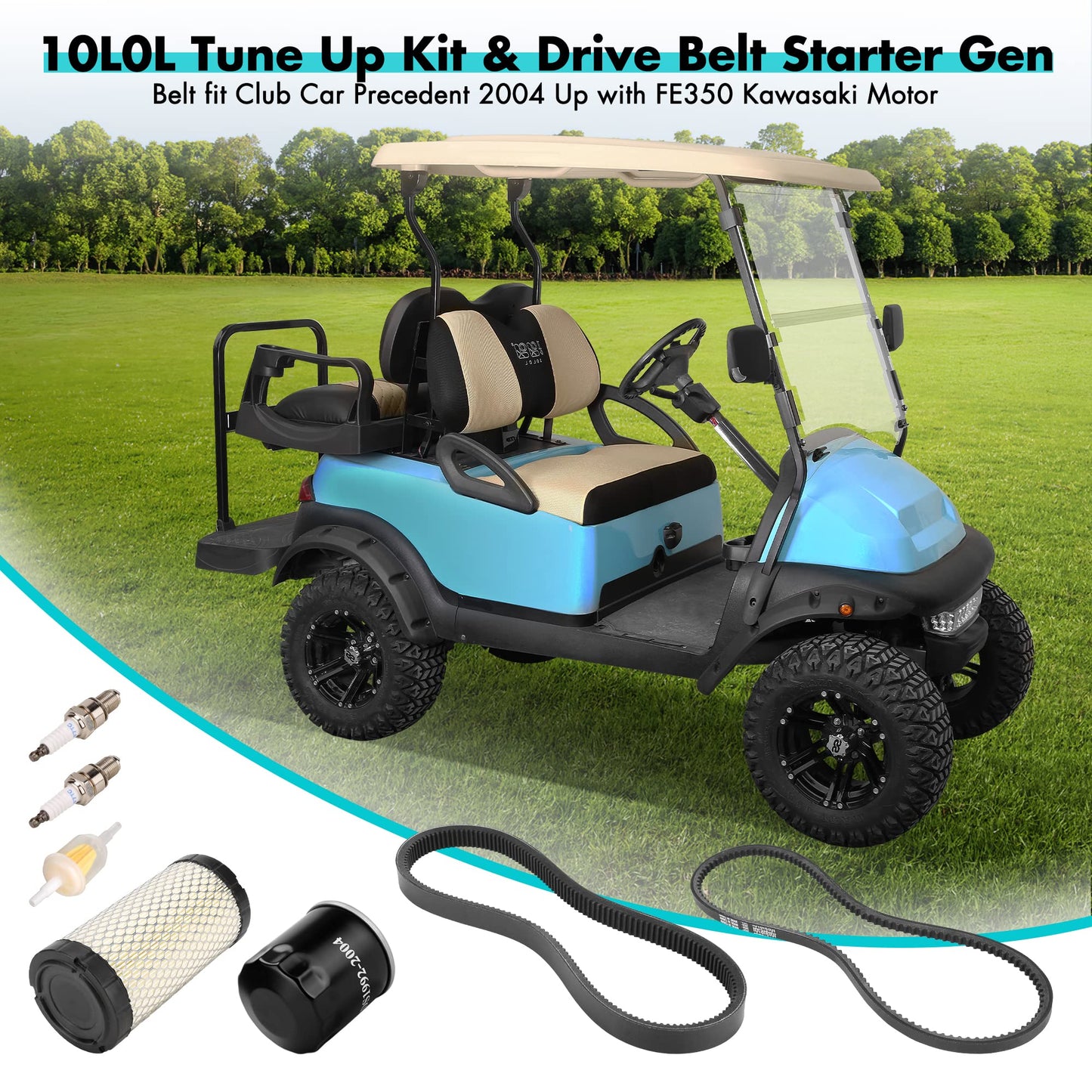 10L0L Golf Cart Tune Up Kit with Clutch Drive Belt & Starter Generator Belt,Spark Plugs for Club Car Precedent 2004-Up with FE350 Kawasaki Motor,1016203, 101916701