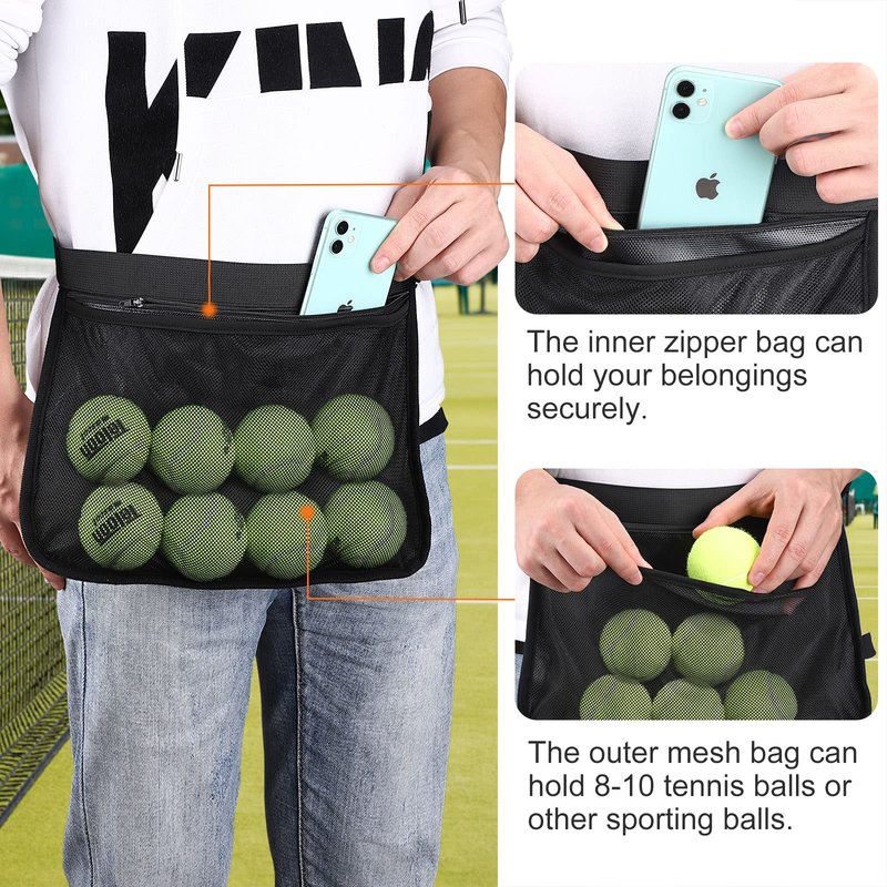 TOBWOLF Adjustable Tennis Ball Band Holder, Pickleball Hip Pouch, Mesh Waist Bag Pouch Carrier, Fanny Pack Holding 8-10 Tennis or Pickleball, Cycling, Golf