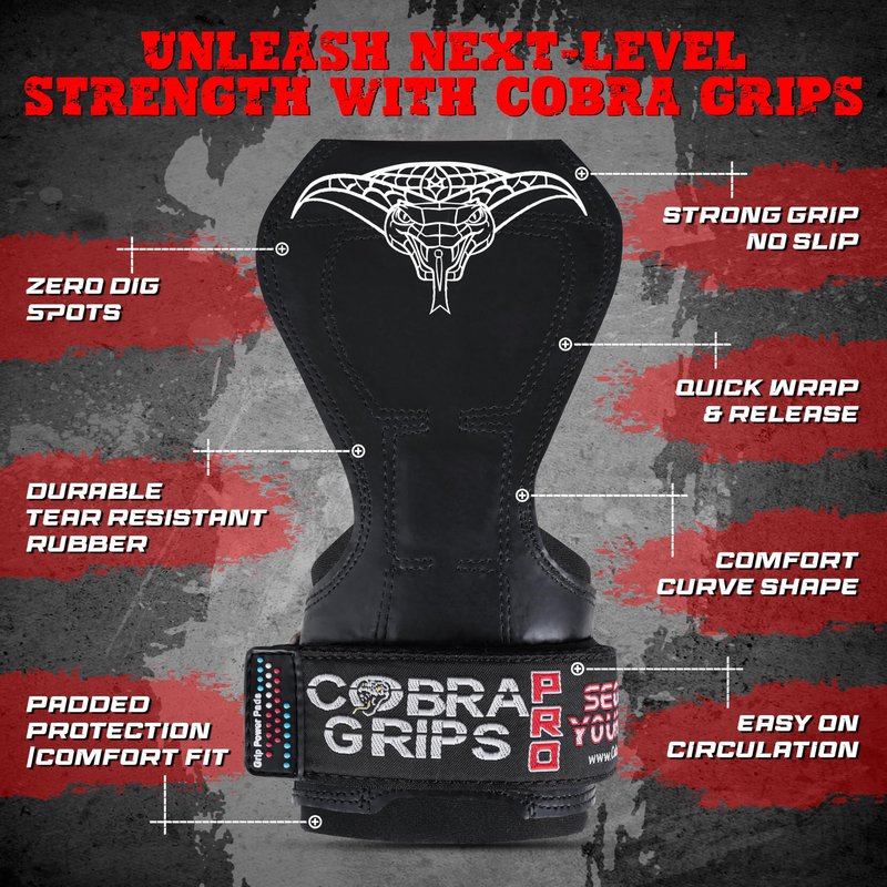 Cobra Grips PRO Best Weight Lifting Gloves, Heavy Duty Straps, Alternative to Power Lifting Hooks, Power Lifting, For Deadlifts With Built in Adjustable Neoprene Padded Wrist Wrap Support.