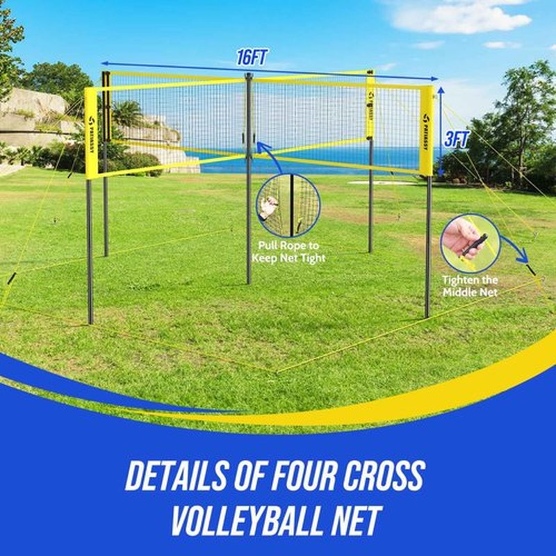 Patiassy 16FT 4 Square Volleyball Game Set with Adjustable Height, 4-Way Volleyball/Badminton Net Outdoor for Backyard, Lawn and Beach with Portable Carry Bag
