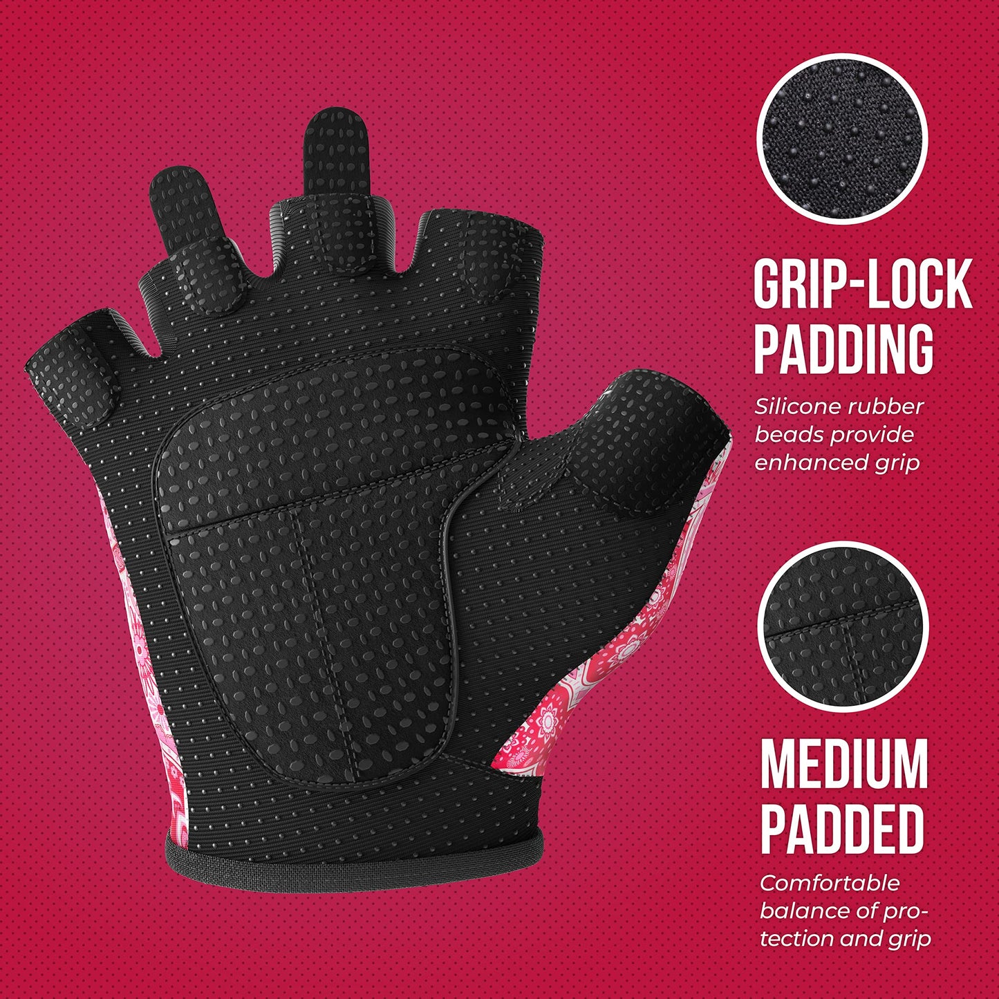 Contraband Pink Label 5387 Womens Design Series Paisley Print Lifting & Rowing Gloves (Pair) - Lightweight Vegan Medium Padded Microfiber Amara Leather w/Griplock Silicone (Pink, Large)