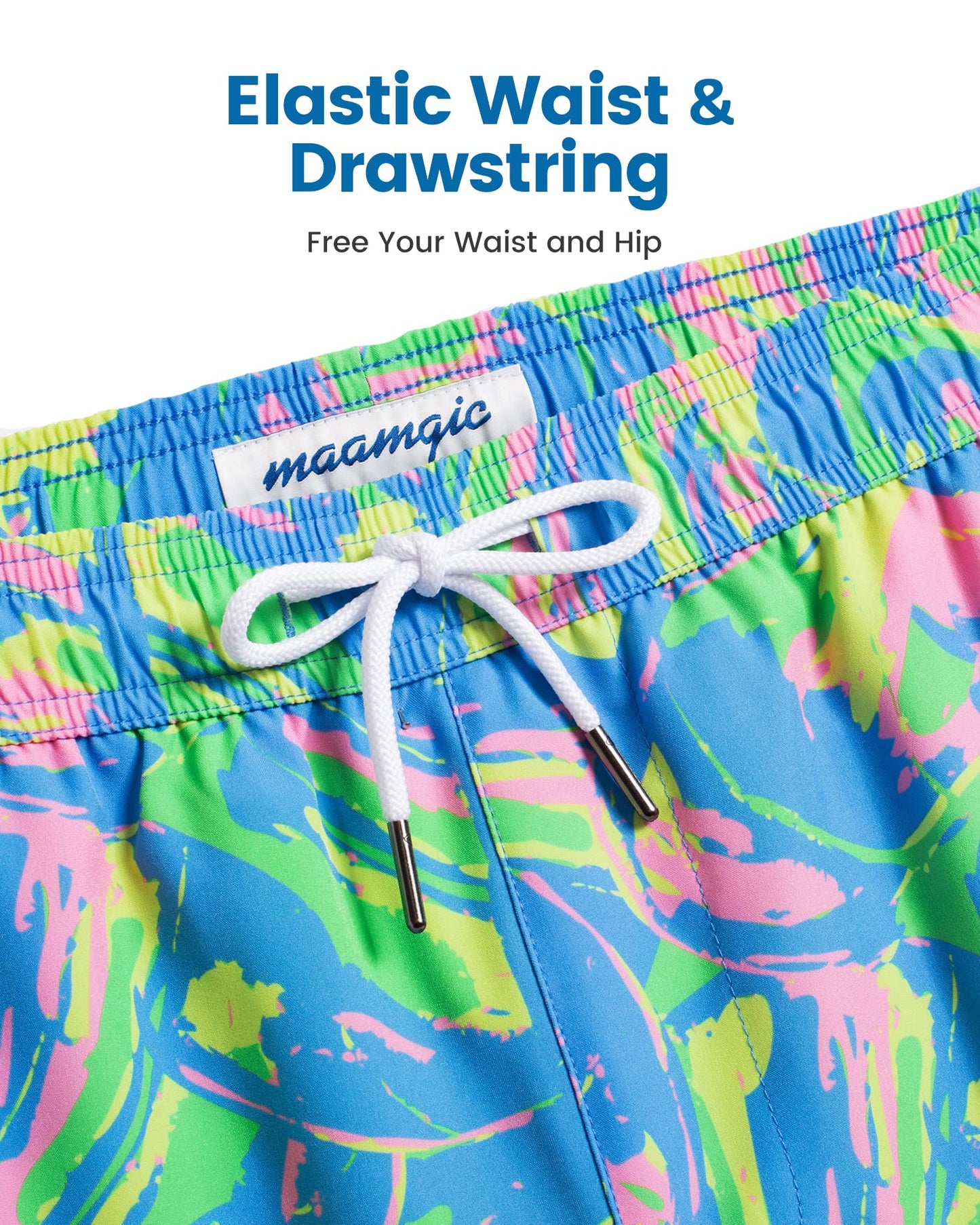 maamgic Mens Swim Trunks with Compression Liner 5 Inch, Quick Dry Bathing Suit with Zipper Pockets, Stretch No-Chafing Swim Shorts, Blue-Color Painting Small
