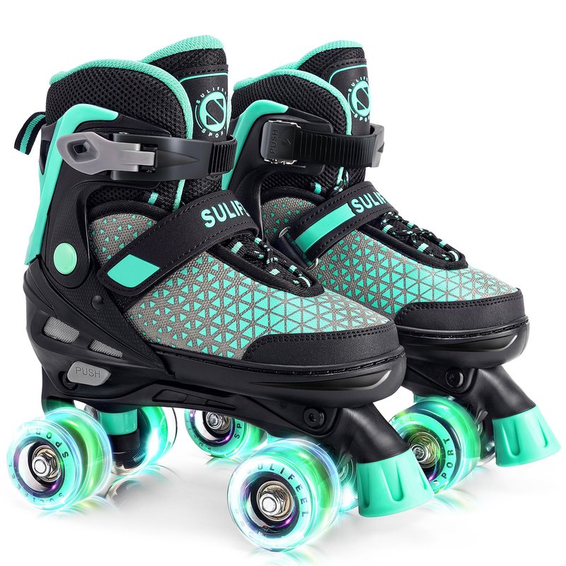 SULIFEEL 4 Sizes Adjustable Roller Skates for Kids, Quad Skates with Light up Wheels, Safe Fun Children Big Kids Skates for Ages 5-8, Best Gift for Beginners Outdoor Skates Sports (Mint Green, Medium)