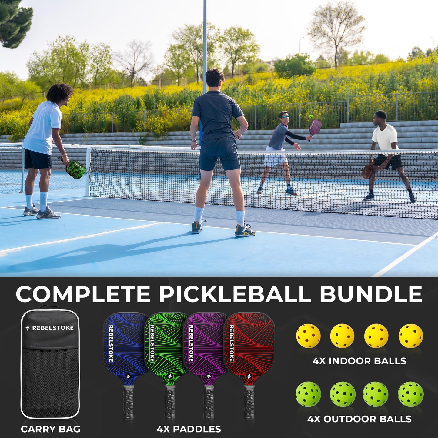 REBELSTOKE Pickleball Paddles Set of 4 – Premium Fiberglass Paddle Set with 14mm Polypropylene Honeycomb Core – Complete Bundle with 8 Indoor/Outdoor Balls & Carry Bag – for Beginners to Advanced