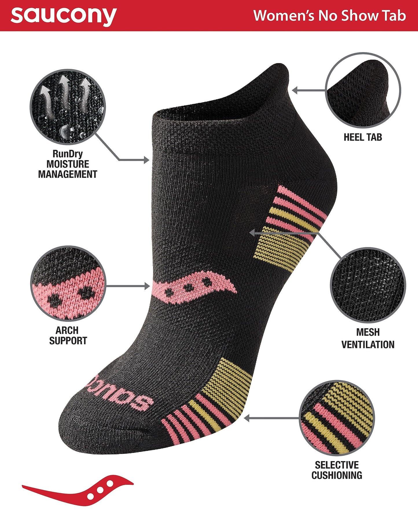 Saucony Women's RunDry Performance 8, 16 Pairs Heel Tab Athletic Socks, S-L, Black Rose Assorted (16 Pairs), Medium