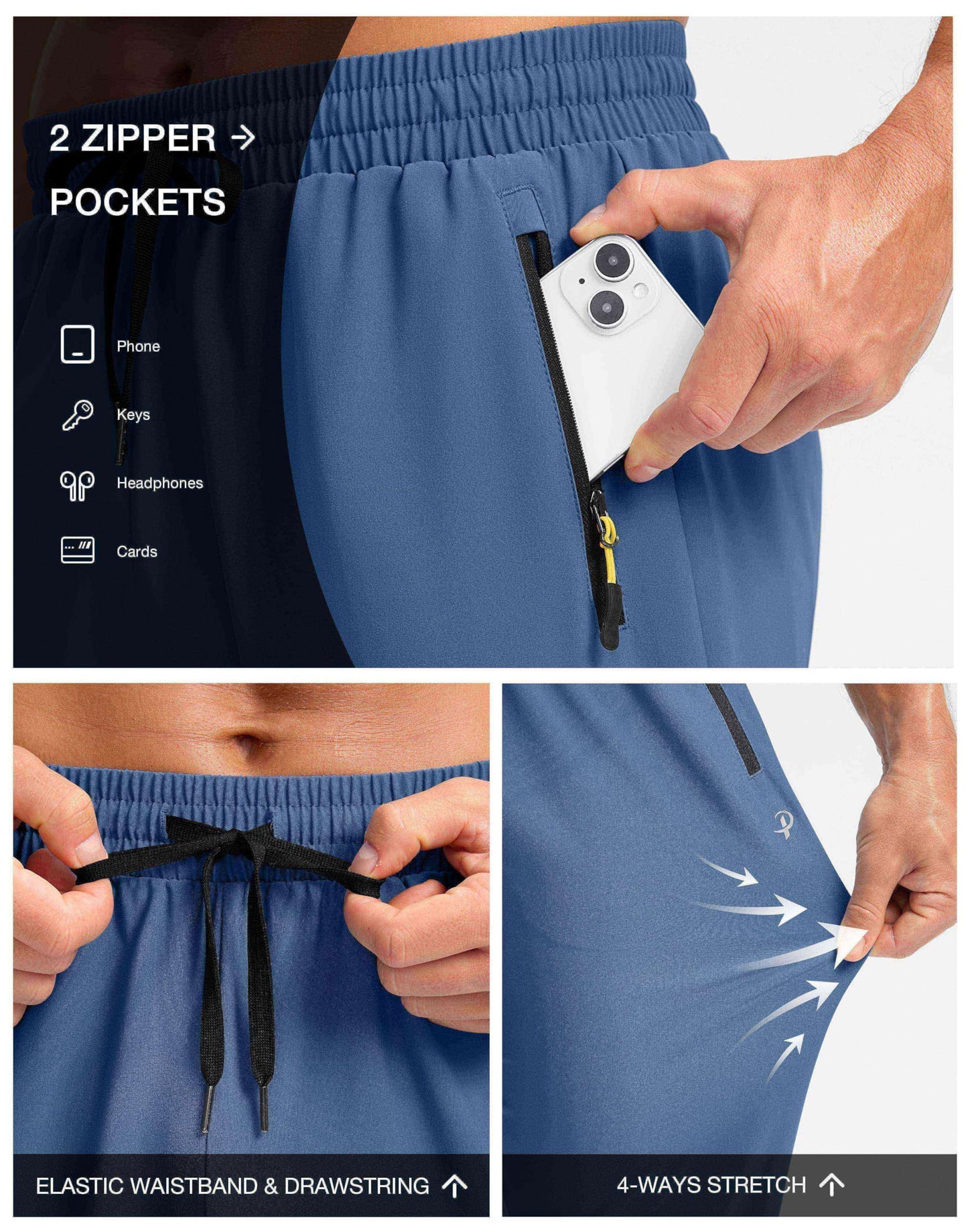 Pudolla Athletic Sweatpants for Men Water Resistant Quick Dry Hiking Running Sweatpants with Zipper Pockets(Blue M)