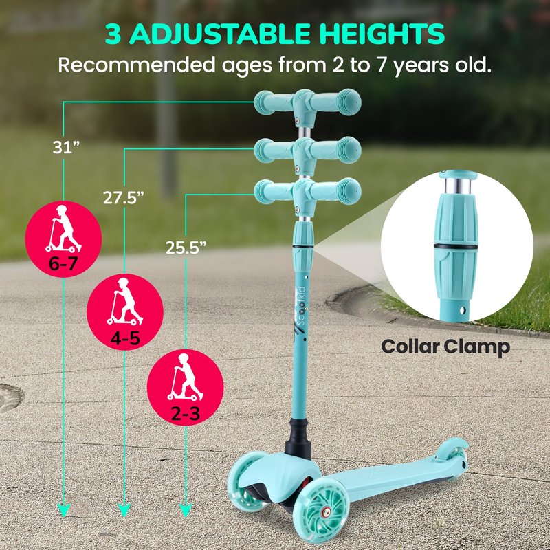 Hurtle Mini Kickboard Scooter for Kids - Height Adjustable 25''-28'', Lightweight 3-Wheel with LED Light-up Wheels, Anti-Slip,Indoor/Outdoor Fun, Micro Scooters for Ages 2-5 (Teal)