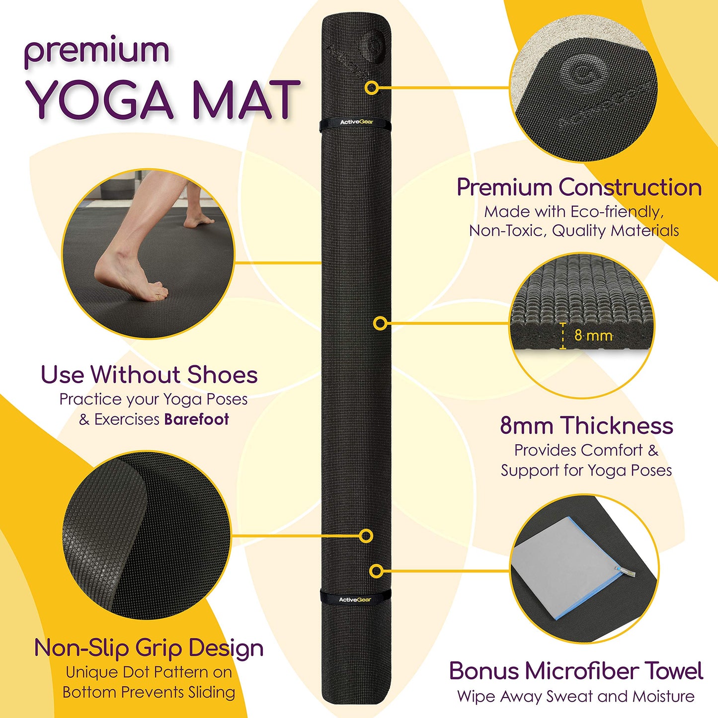 ActiveGear Large Yoga Mat 6 x 6 ft - 8mm Extra Thick, Durable, Comfortable, Non-Slip & Odorless Premium Square Yoga and Pilates Mat for Home Gym - Black