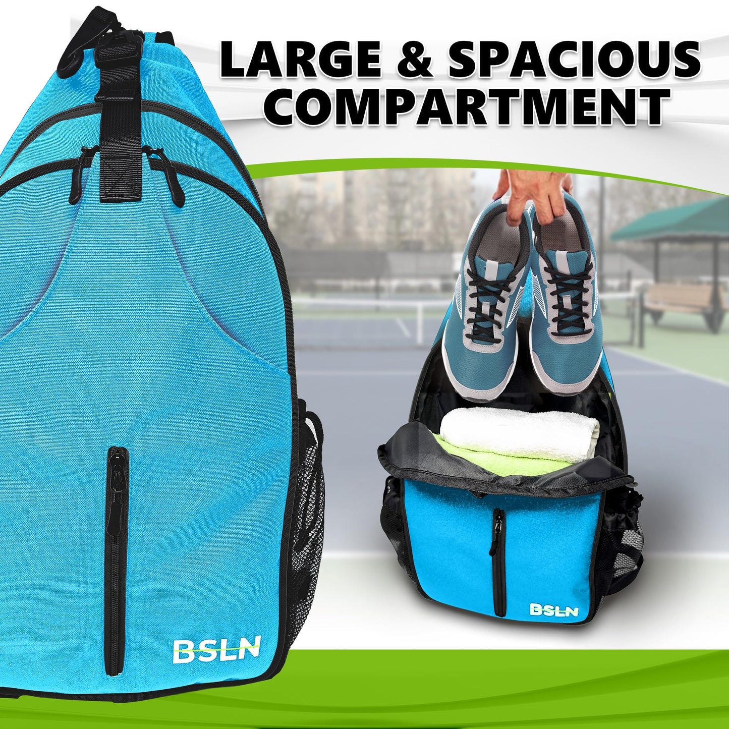 BSLN Pickleball Bag - Pickleball Bags for Women Men, Crossbody Sports Backpack – Adjustable Sling Bag with Hanging Fence Hook(Blue)