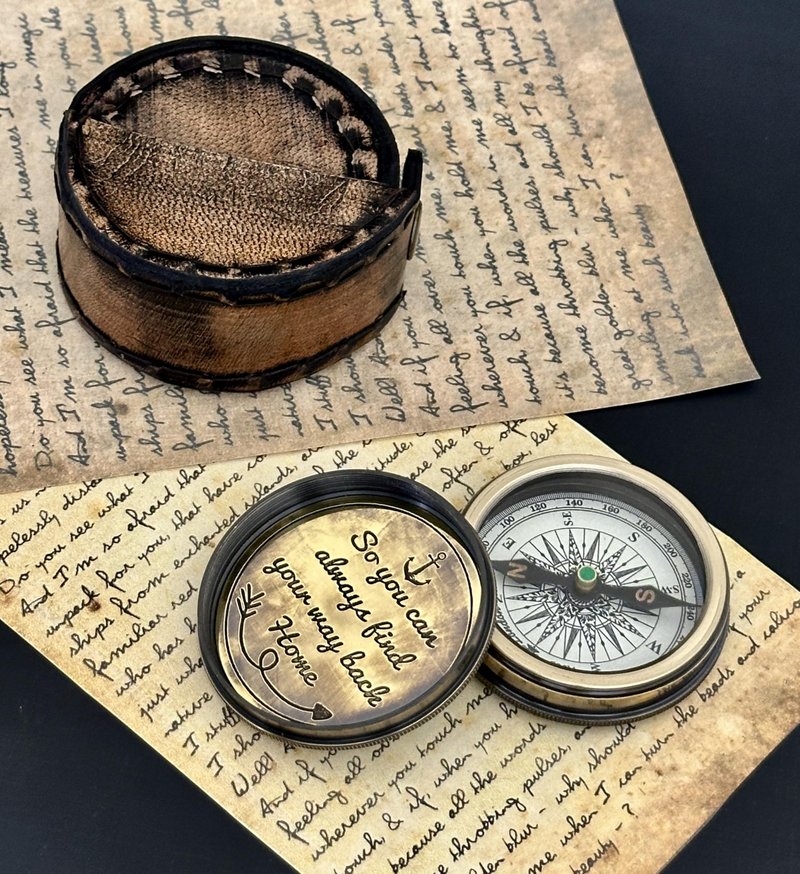So You Can Always Find Your Way Back Home – Luxury Engraved Brass Pocket Compass with Leather Case – Anniversary Happy Gifts Graduation Gift for Men & Boys