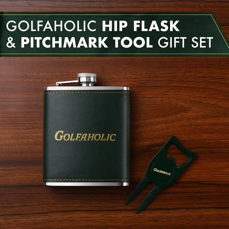 Shanker Golf - Hip Flask & Divot Tool Golf Gift Set - Golfaholic Hip Flask & 4-in-1 Divot Tool Set - Funny Golf Gifts for Men - Ball Marker, Groove Cleaner & Bottle Opener