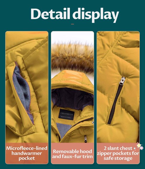 CREATMO US Boy's Parka Hooded Coat Mid-Long Winter Puffer Jacket For Kids Yellow 14-16