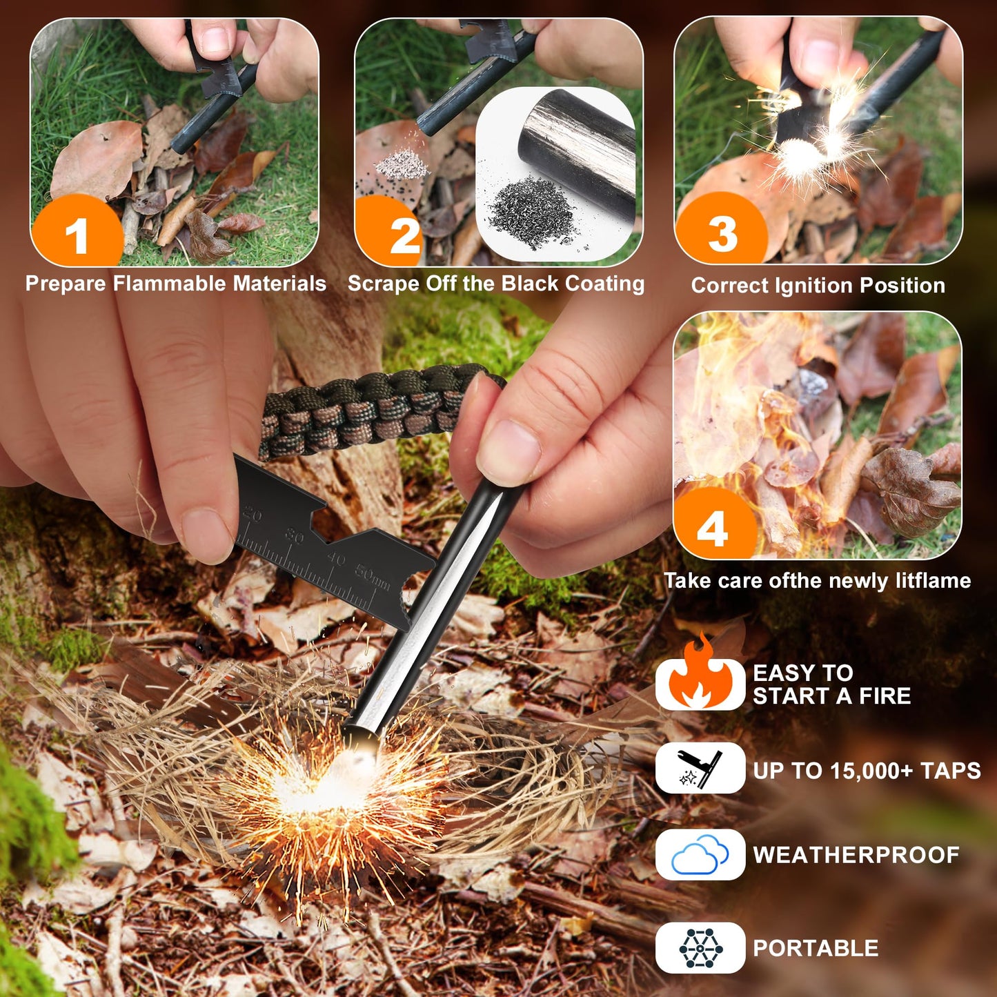 Clwryviduu Survival Fire Starter, 4 Inch Ferro Rod, Flint Fire Starters for Hiking and Camping, Flint and Steel Survival Tool with Paracord and Emerge