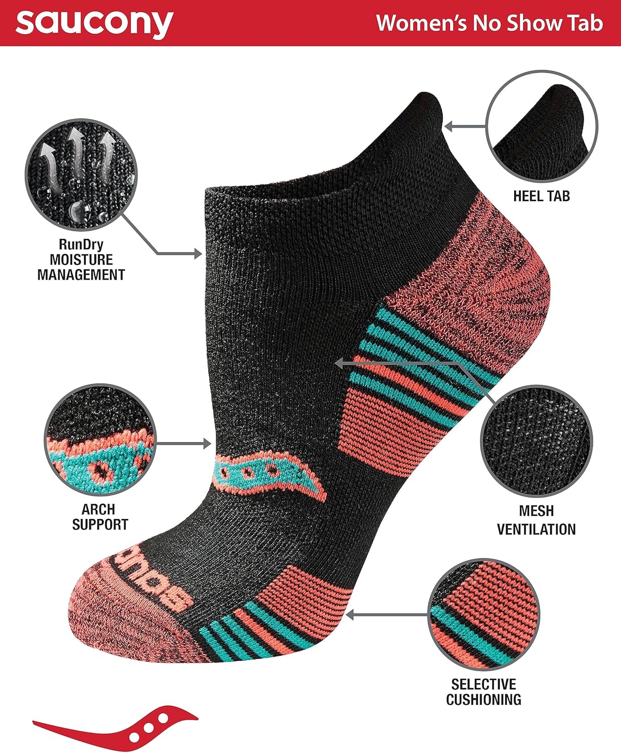 Saucony Women's RunDry Performance Athletic Socks - Heel Tab Design | Available in S-L (8, 16, 24 Pairs)