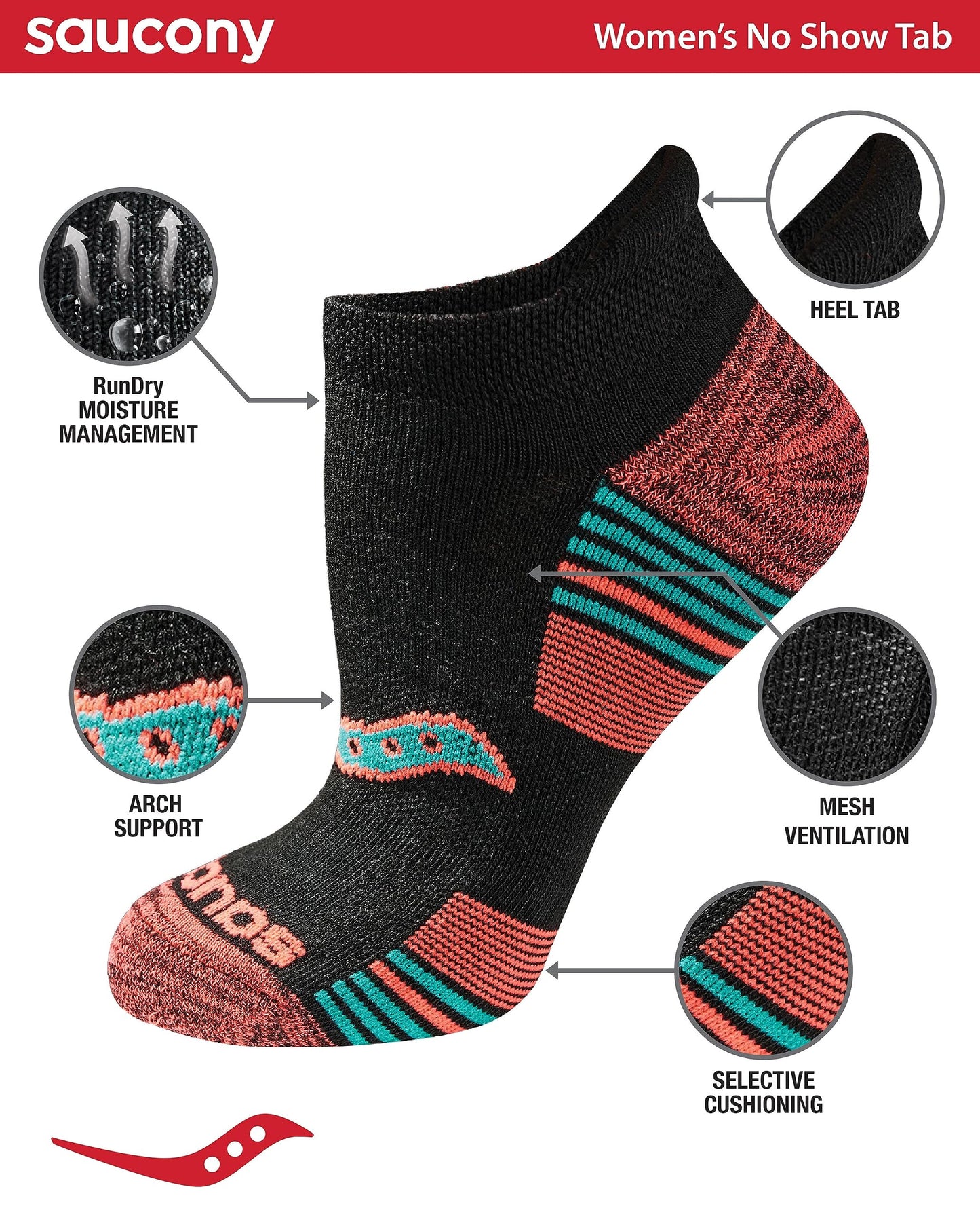 Saucony Women's RunDry Performance 8, 16 Pairs Heel Tab Athletic Socks, S-L, Assorted Darks (8 Pairs), Medium