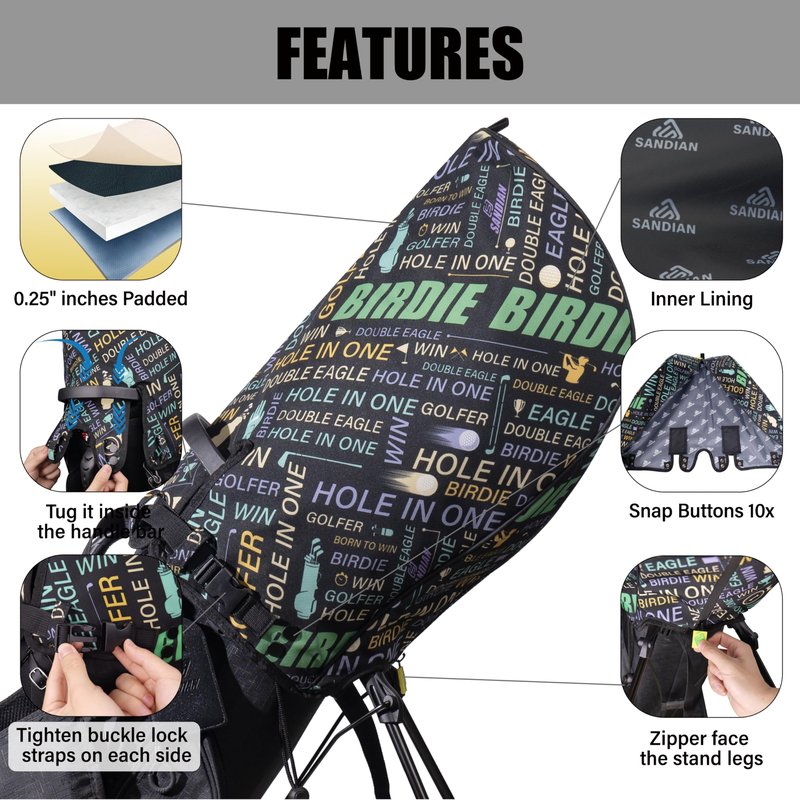 SANDIAN, Birdie Black, Golf Bag Rain Hood Cover, Waterproof 1260D Oxford Polyester, 12x20 Inches, Padded Protection, PU Coated, Two Sided Zipper, Adjustable Buckle Lock Fasteners, Snap Button Locking