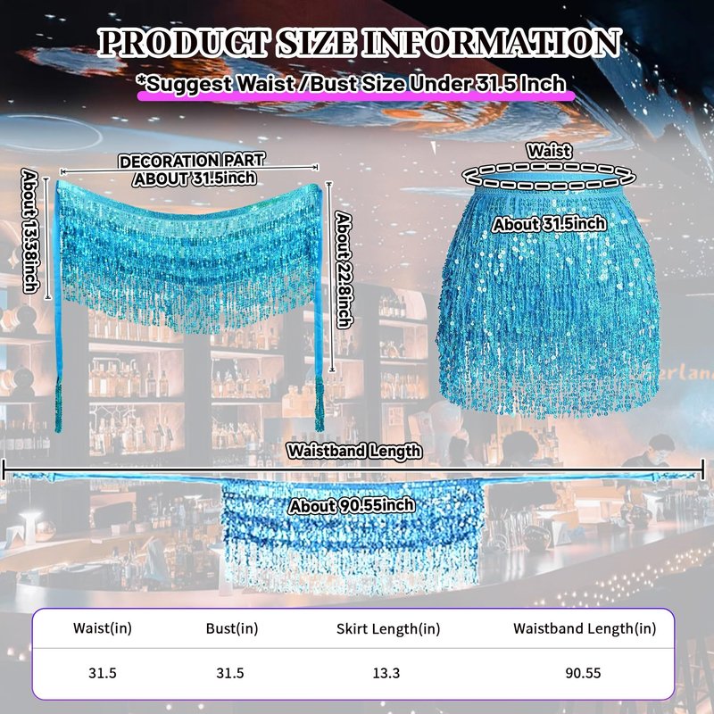 Baisdan Sequin Skirts for Women (Waist/Bust Under 31.5"), Sparkly Skirts for Girls 2 Piece Set, Tassel Skirt for Kids, Christmas New Years Eve Festival Outfits, 2Pack, Light Blue