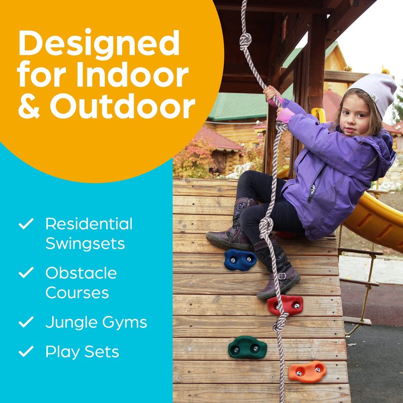 Jungle Gym Kingdom Rock Climbing Holds for Kids - Indoor & Outdoor Rock Wall Climbing Kit with Mounting Hardware, Knotted Rope and 25 Handles - Playground Accessories﻿