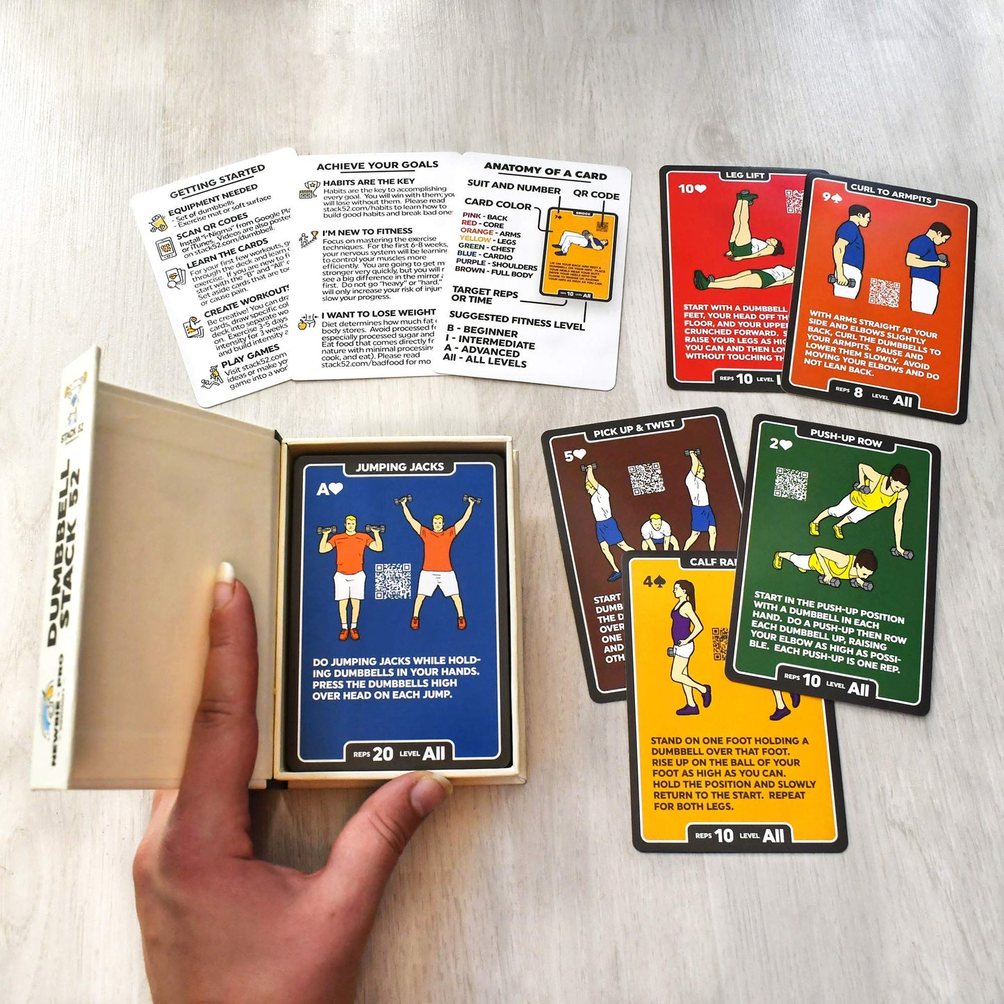 Stack 52 Dumbbell Exercise Cards. Dumbbell Workout Playing Card Game. Video Instructions Included. Perfect for Training with Adjustable Dumbbell Free Weight Sets and Home Gym Fitness. (2019 Base Deck)