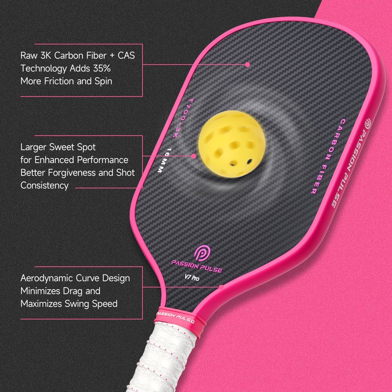 V7 Pro Pink Carbon Fiber Pickleball Paddle for Women – 3K Surface, 16mm Core, 3D Handle, Edge Guard – Lightweight Pickleball Paddle for All Skill Levels by Passion Pulse