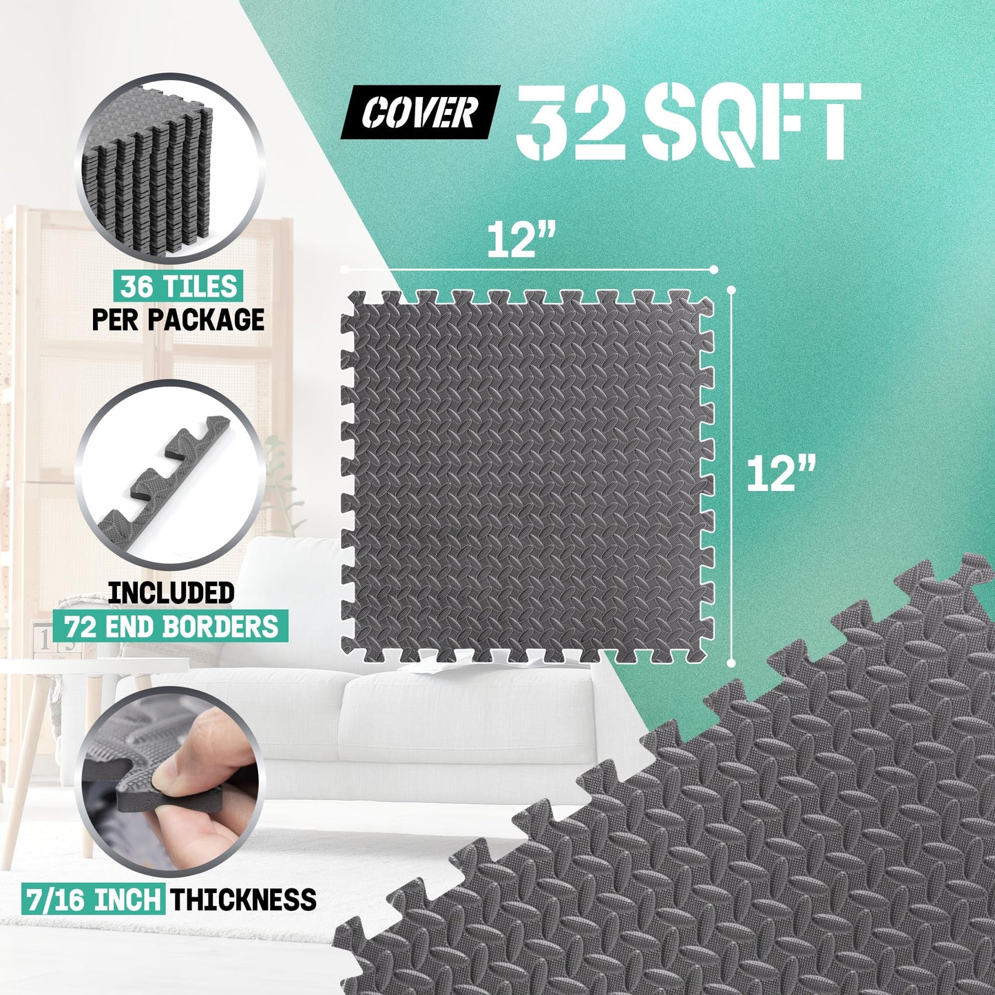 Yes4All EVA Interlocking Mats, Puzzle Floor Tiles, Foam Floor Padding with Border for Furniture, Home Space, Living Room, Garage 11,15,32,99 SQFT