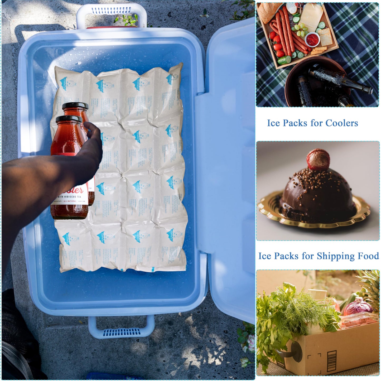 AUZPFRUM Dry Ice Packs for Shipping | 24+ Hour Long Lasting Cold Ice Pack for Coolers | 3 Sheets - 48 Cells | Soak for 25-35 minutes - Expand - Dry - Use after Frozen | Reusable Freezer Block for Food
