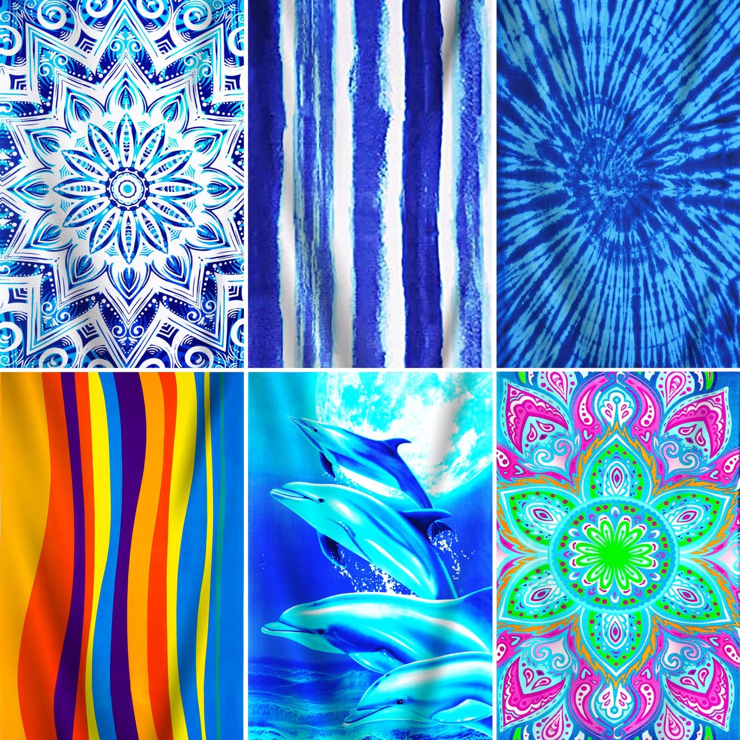 6 Packs Oversized Terry Beach Towel Set 36 x 72 Soft Thin Extra Large Big Pool Camping Swim Bulk Towels Blanket Clearance Travel Adult Essentials Accessories Must Haves Vacation Vortex Flower Dolphin