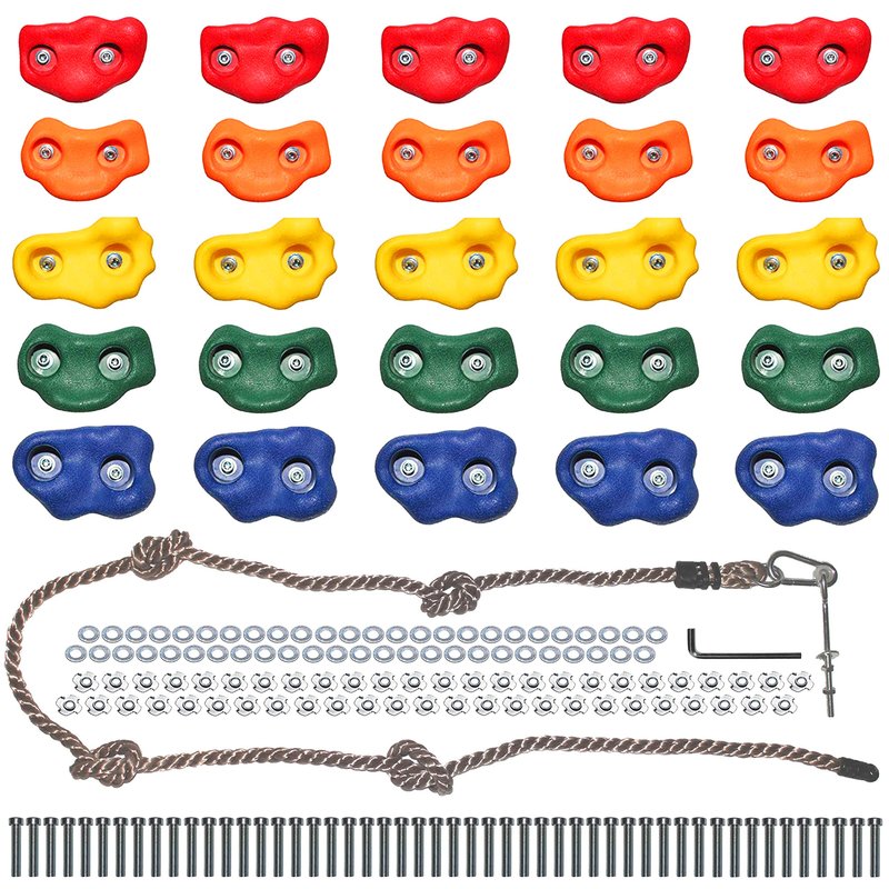Jungle Gym Kingdom Rock Climbing Holds for Kids - Indoor & Outdoor Rock Wall Climbing Kit with Mounting Hardware, Knotted Rope and 25 Handles - Playground Accessories﻿