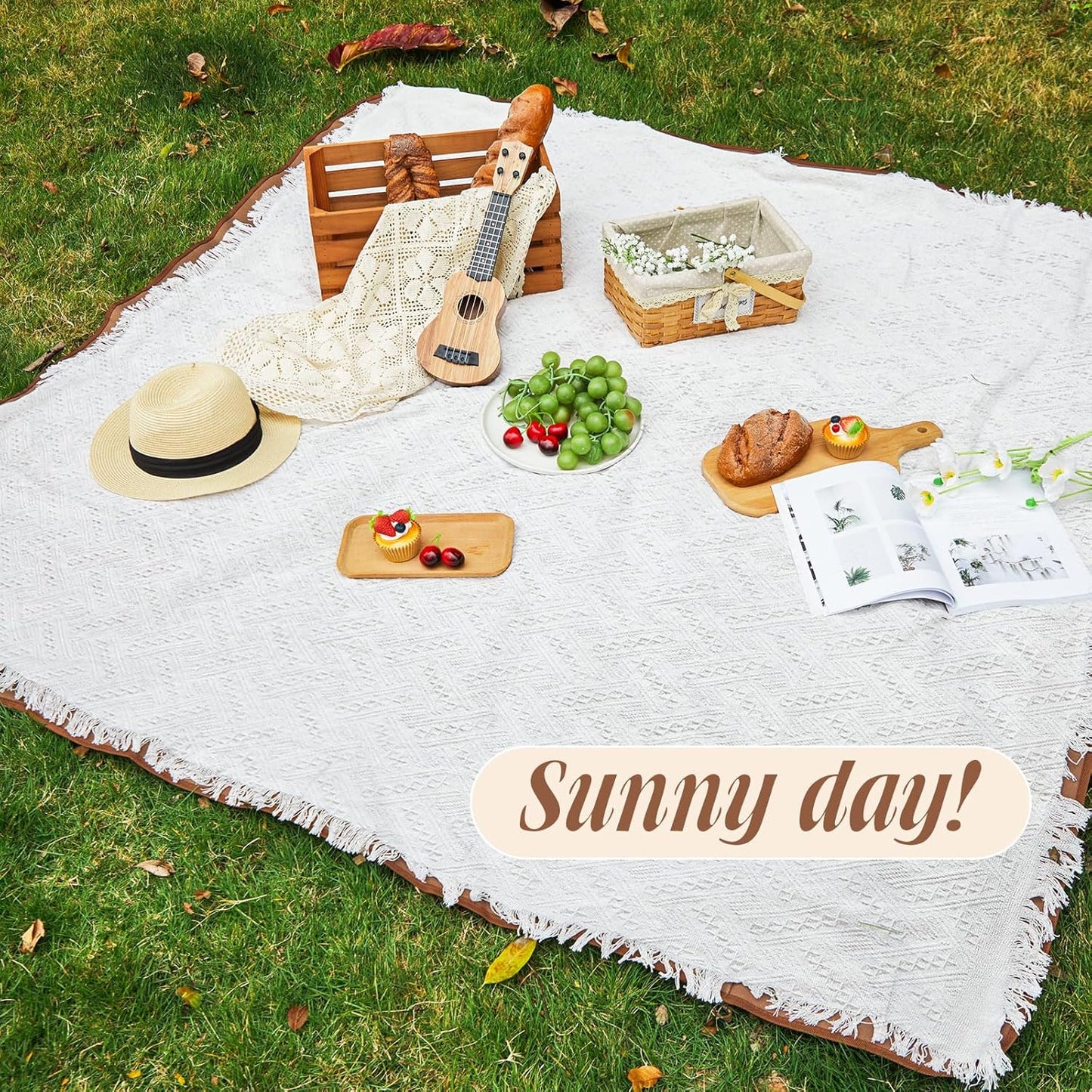 Waterproof Picnic Blanket - 71x71 Inch Foldable Outdoor Mat | Double Layer Sandproof Beach Blanket with Carry Strap (White)