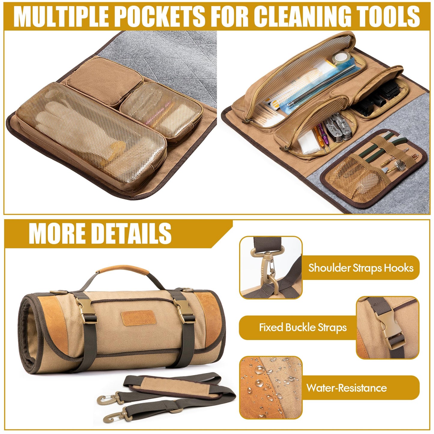 GOBUROS Large Gun Cleaning Mat for All Guns, Roll Up Rifle Cleaning Pad with PVC Accessory Organizer for Shotgun Handgun Pistols, Portable Canvas Gun Clean Mat with Shoulder Strap Khaki