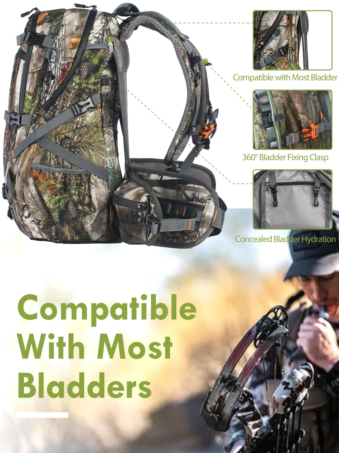 Camo Hunting Backpack for Men, 35L Durable Hunting Pack, 600D Daypack with Rain Cover, Interal Frame Support