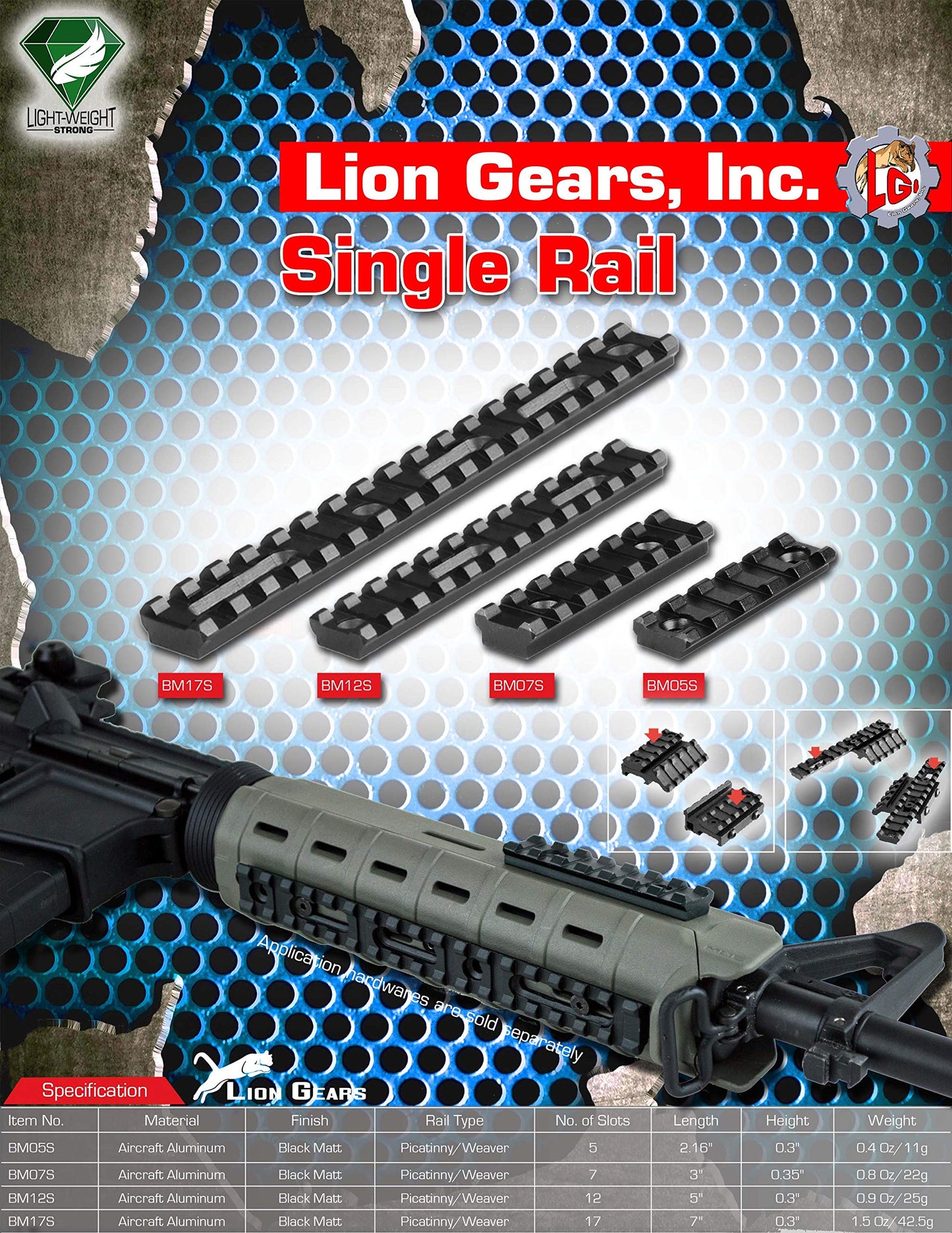 Lion Gears BridgeMount Rail Tactical Picatinny Rail, 5" Long with 12 Slots, BM12S Black