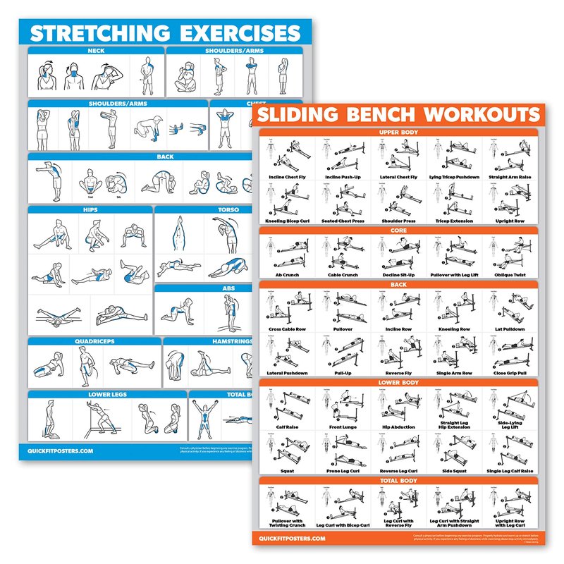 QuickFit 2 Pack - Stretching Exercises and Sliding Bench Workout Poster Set - Compatible with Total Gym & Weider Ultimate Body Works (LAMINATED, 18" x 24")