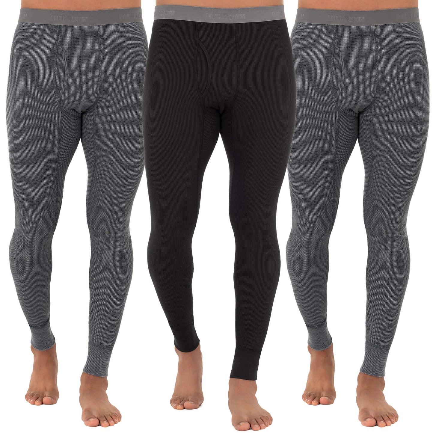 Fruit of The Loom Men's 3-Pack Recycled Waffle Thermal Underwear Bottom, Greystone Heather/Greystone Heather/Black, 3X-Large