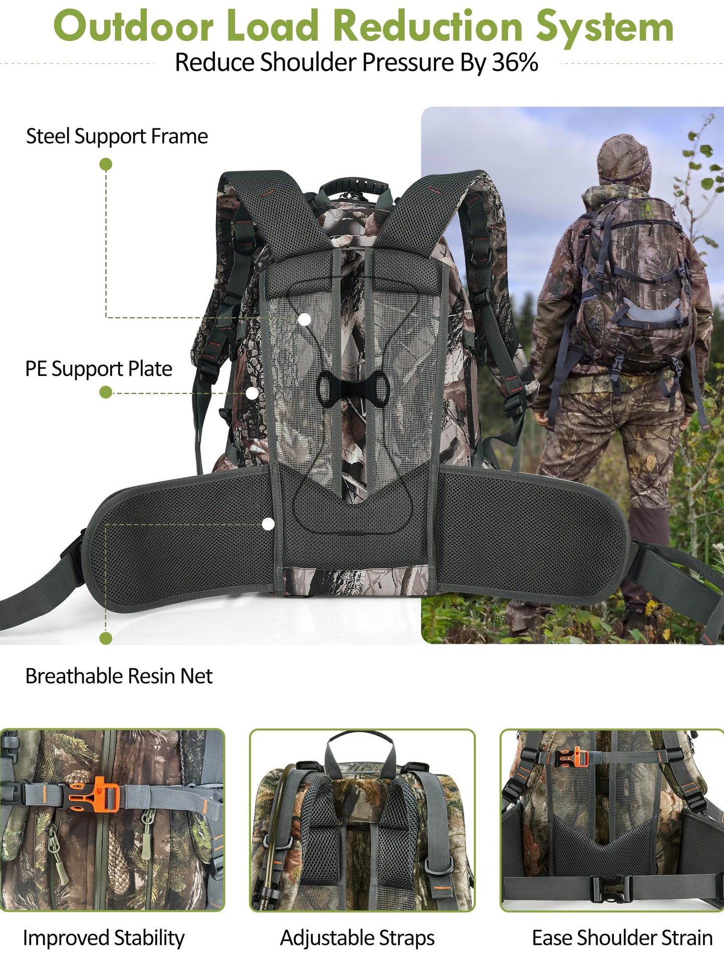 Camo Hunting Backpack for Men, 35L Durable Hunting Pack, 600D Daypack with Rain Cover, Interal Frame Support