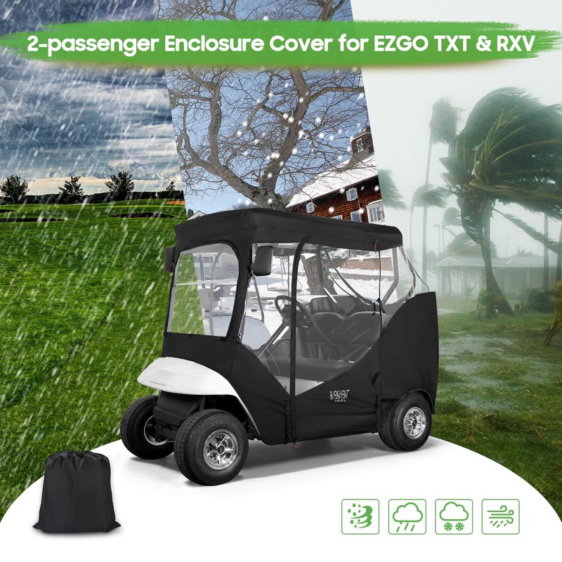 10L0L Golf Cart Weather Enclosure for EZGO TXT & RXV, 2 Passenger Waterproof Portable Drivable Golf Cart Storage Cover,Travel 4-Sided Driving Enclosure (Black/Transparent)