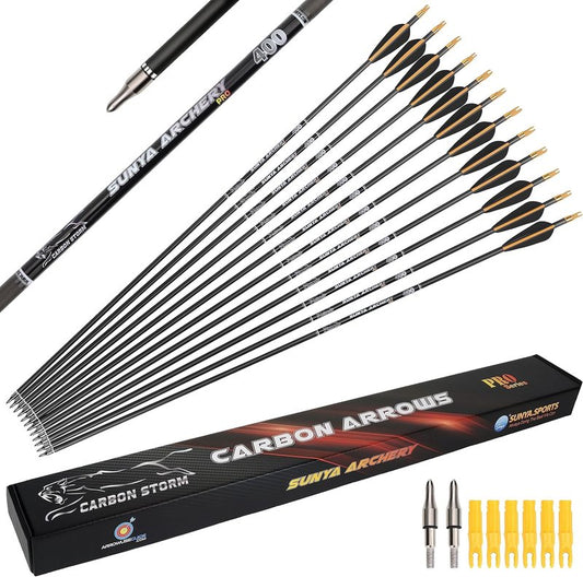 **Carbon Arrows 12-Pack - 30 Inch Spine 500/400 for 40-60 LBS Bows | Anti-Loose O-Ring & TPU Vanes for Hunting/Target Practice**