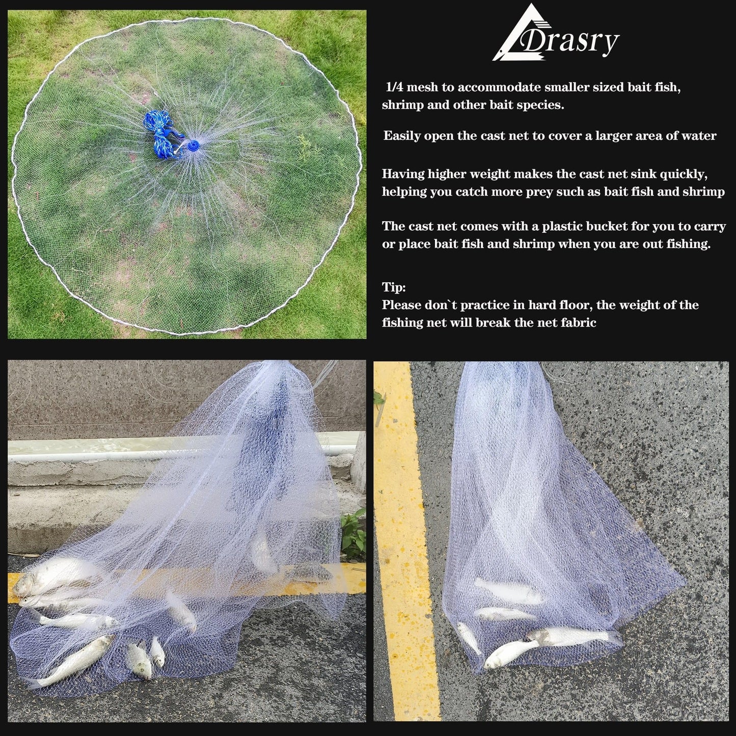 Drasry 1/4 Saltwater Fishing Cast Net for Bait Shirmp Trap Fish Throw Net with Heavy Lead Sinkers. Size 3FT to 10FT Radius Freshwater（1/4 Inch Mesh） Monofilament Cast Net, 3FT(90cm) Radius