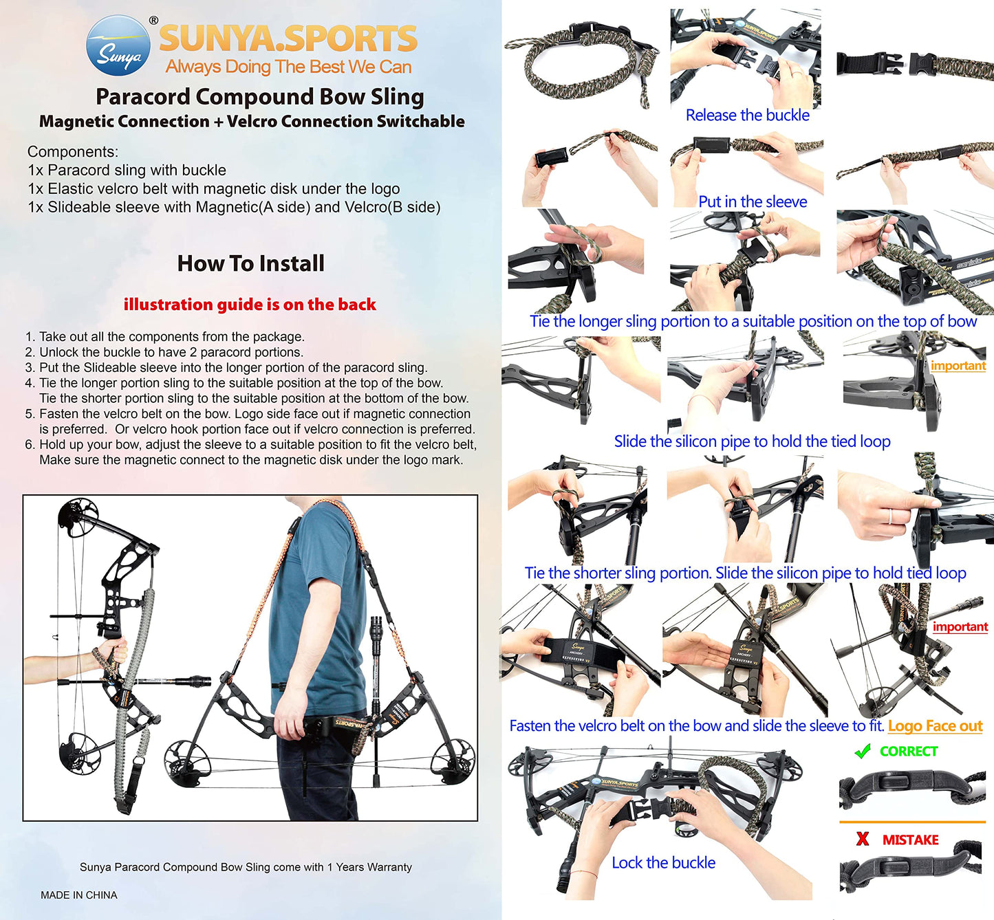 Sunya Paracord Compound Bow Sling with V2 Upgraded Magnetic Connection System. Lightweight Hands Free Shoulder Carrying Sling for Bow Hunting, Field Archery and 3D (Winterfell Camo)