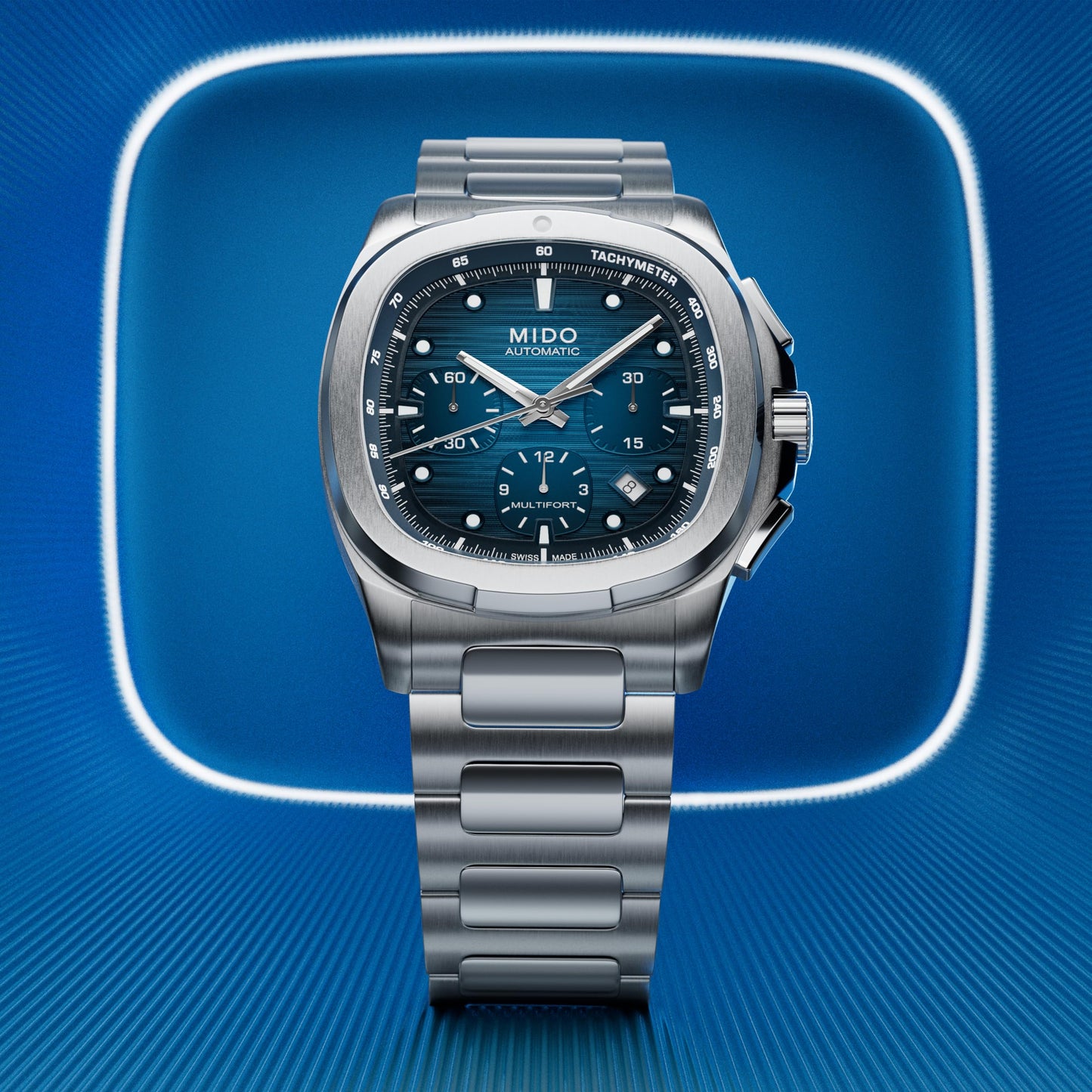 MIDO Multifort TV Chronograph - Swiss Automatic Watch for Men - Blue Dial- 41.2 x 42mm Stainless Steel Case and Bracelet with Additional Blue Fabric Strap - M0495271104100