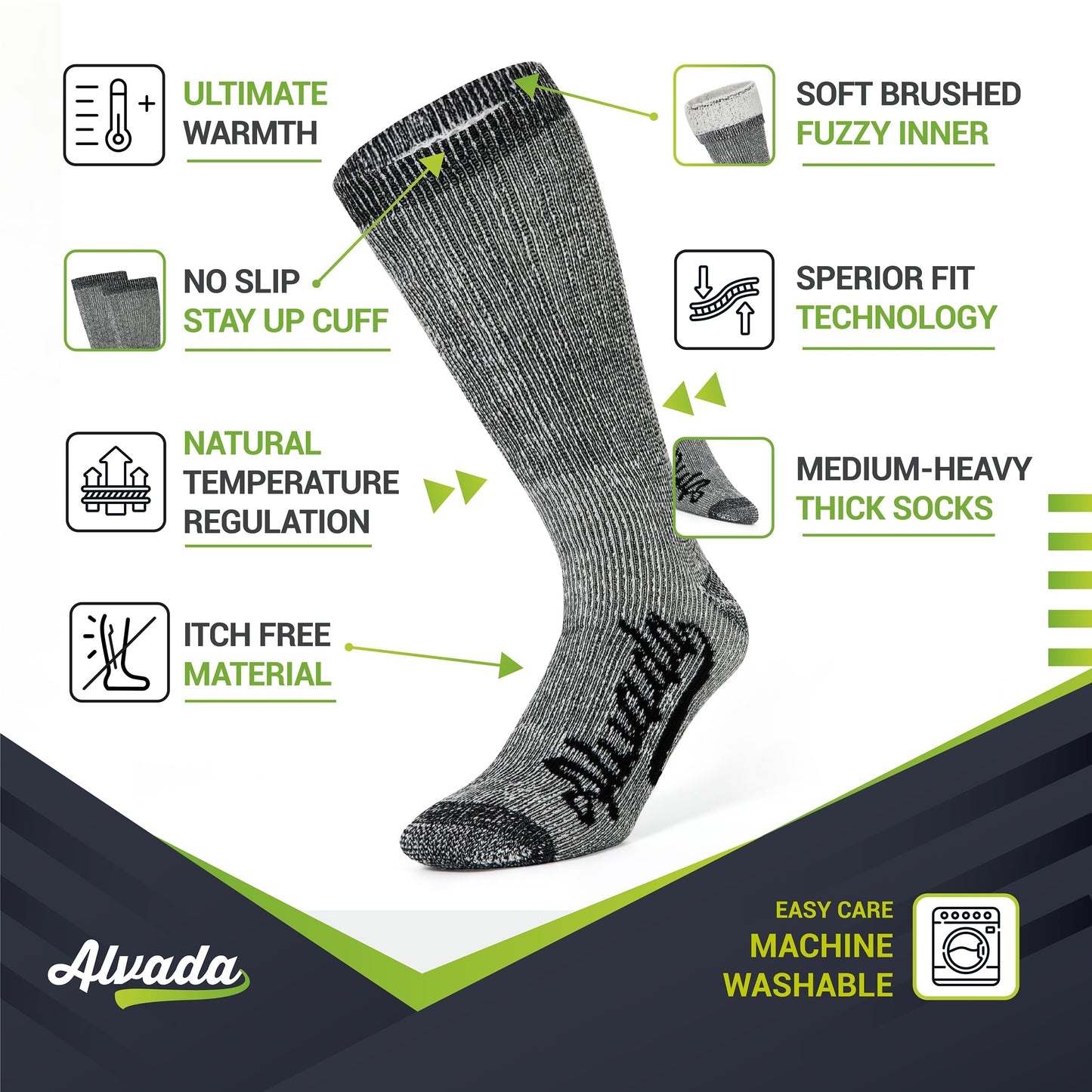 Alvada Merino Wool Hiking Socks Thermal Warm Crew Winter Boot Sock For Men Women 3 Pairs LXL