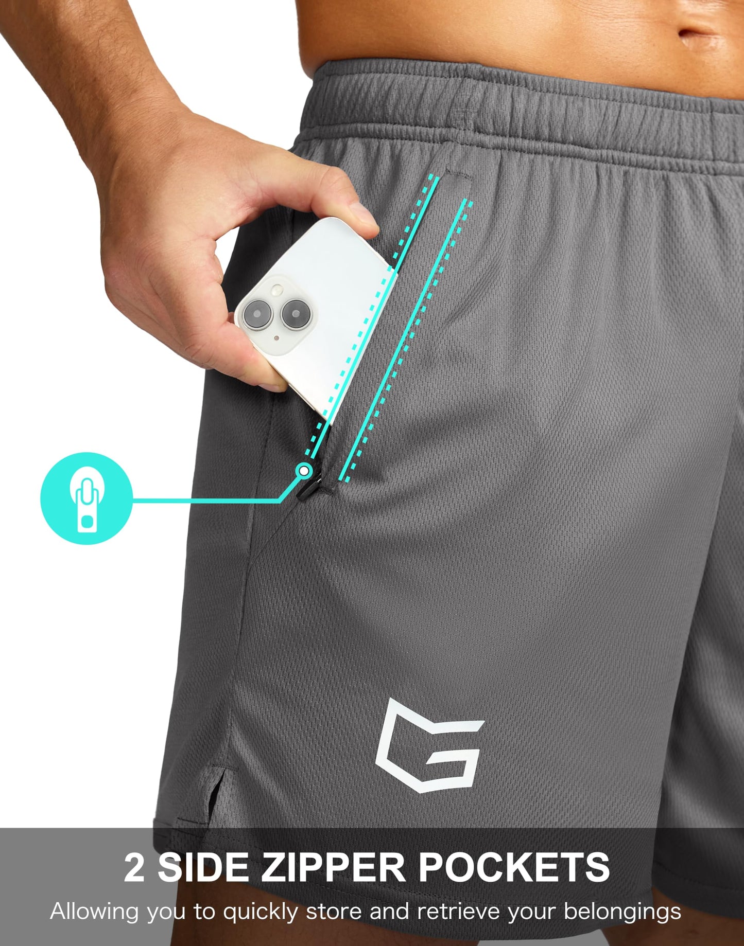 G Gradual Men's 7" Workout Running Shorts Quick Dry Lightweight Gym Shorts with Zip Pockets (Gray Large)